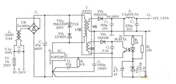 基于TOP224P的開關(guān)直流穩(wěn)壓電源電路圖