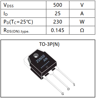 N溝道增強(qiáng)型25A/500V MOSFET