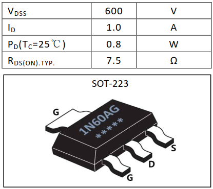 N溝道增強型1A/600V MOSFET