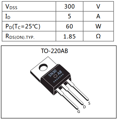 N溝道增強(qiáng)型5A/300V MOSFET