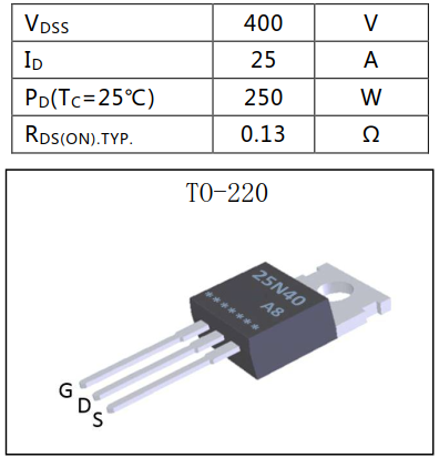 N溝道增強型25A/400V MOSFET