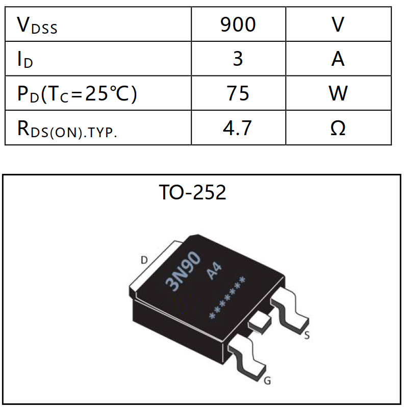 N溝道增強型900V3A MOSFET